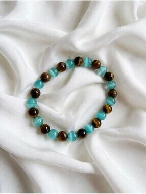 Teal Tiger Eye Beaded Stretch Bracelet 8mm Cat Eye Style